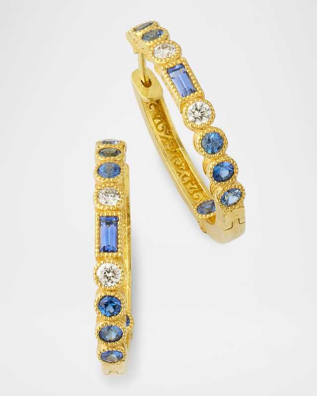Modern Etruscan Blue Sapphire and Diamond Hoop Earrings in 18K Yellow Gold